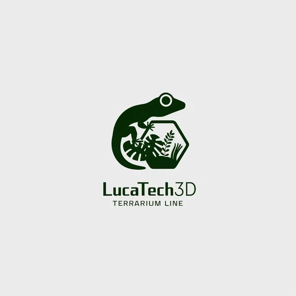 LOGO Design for LucaTech3D Terrarium Line Minimalistic Gecko Monstera Leaf Plants Hexagon