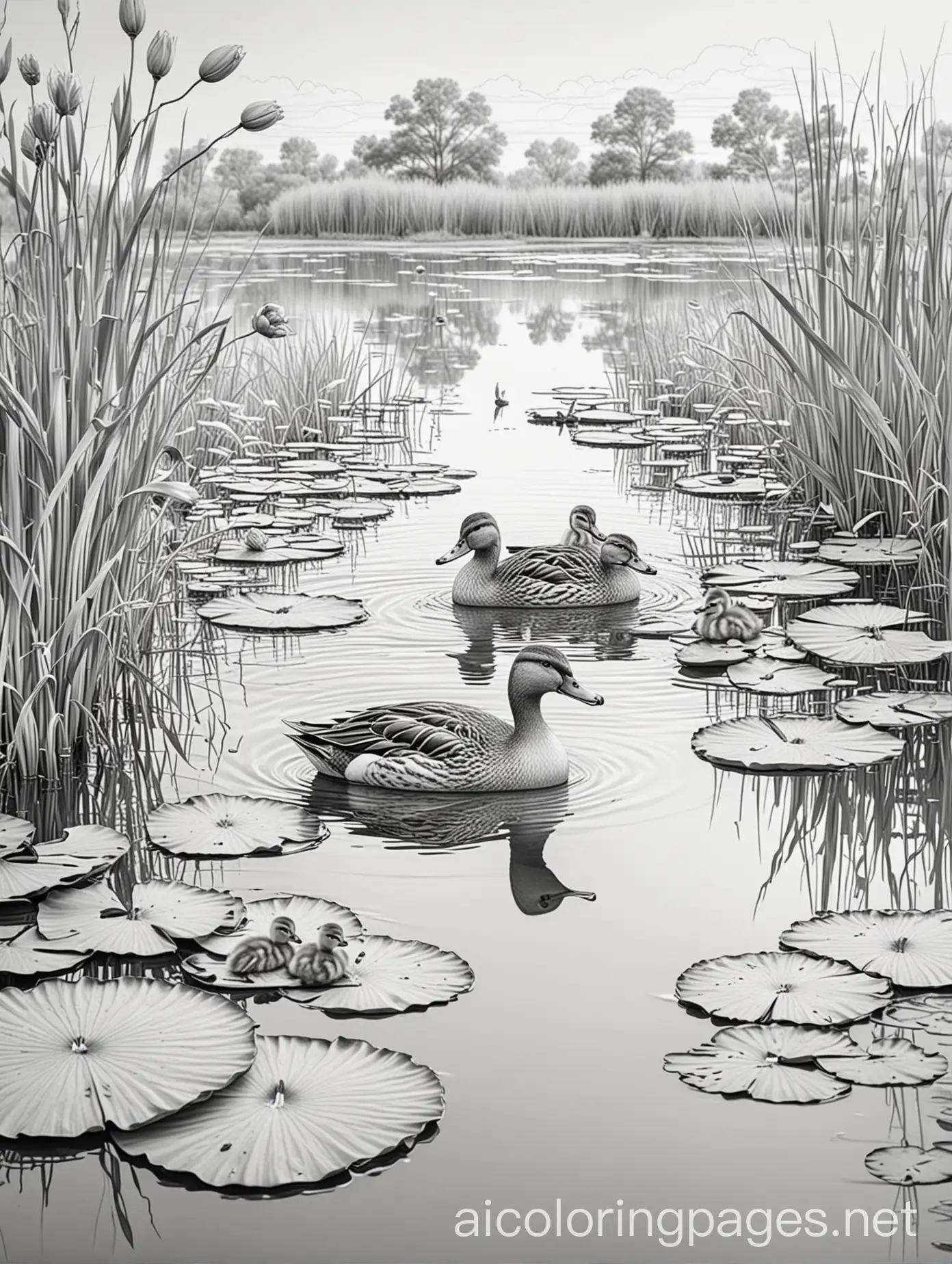 Mother-Duck-and-Ducklings-Swimming-in-a-Serene-Pond