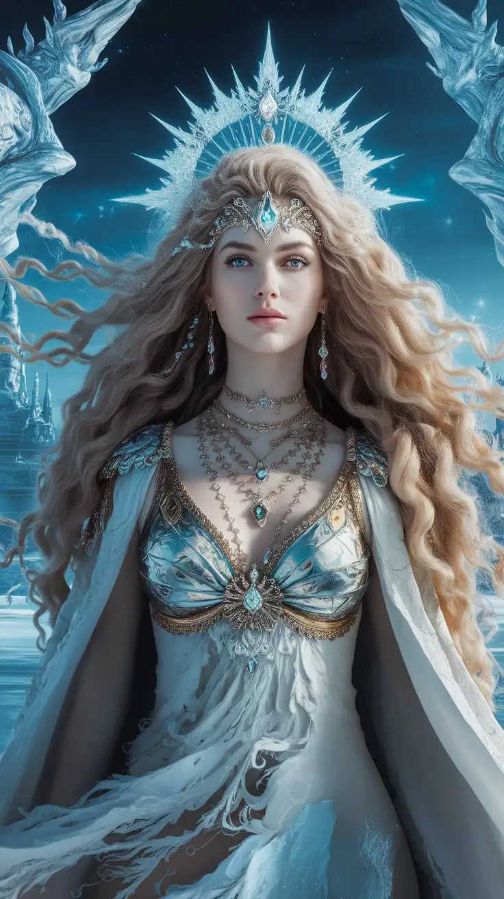 a nordic beautiful goddess, long flowing curly blond hair, magical diadem in hair, light blue, white and golden richly adorned shiny tunic with magical symbols,, golden necklaces adorned with gems, deep blue sky and alien temple in the back, enchanting polar atmosphere, clear cold lighting, aerial perspective, intricate costume details, sacred geometry, harmonious composition, idyllic scenery, otherworldly ambiance