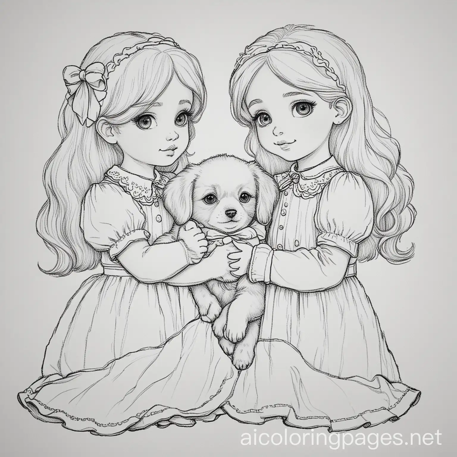 Two-Girls-Holding-a-Puppy-Coloring-Page