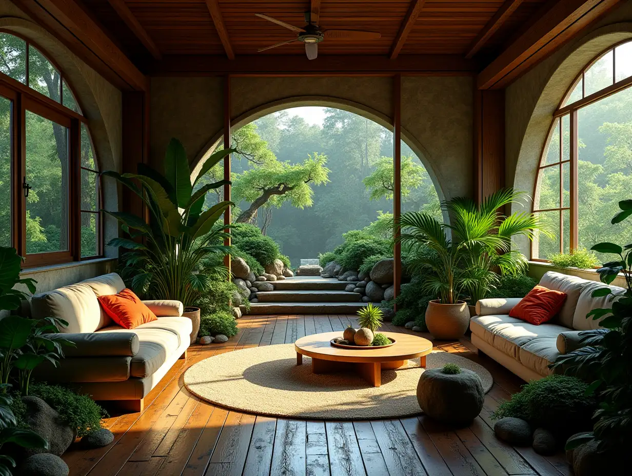 Large old living room with very many plants, illuminated Zen garden with careful 180 degree shots in 8K resolution Vibrant colors