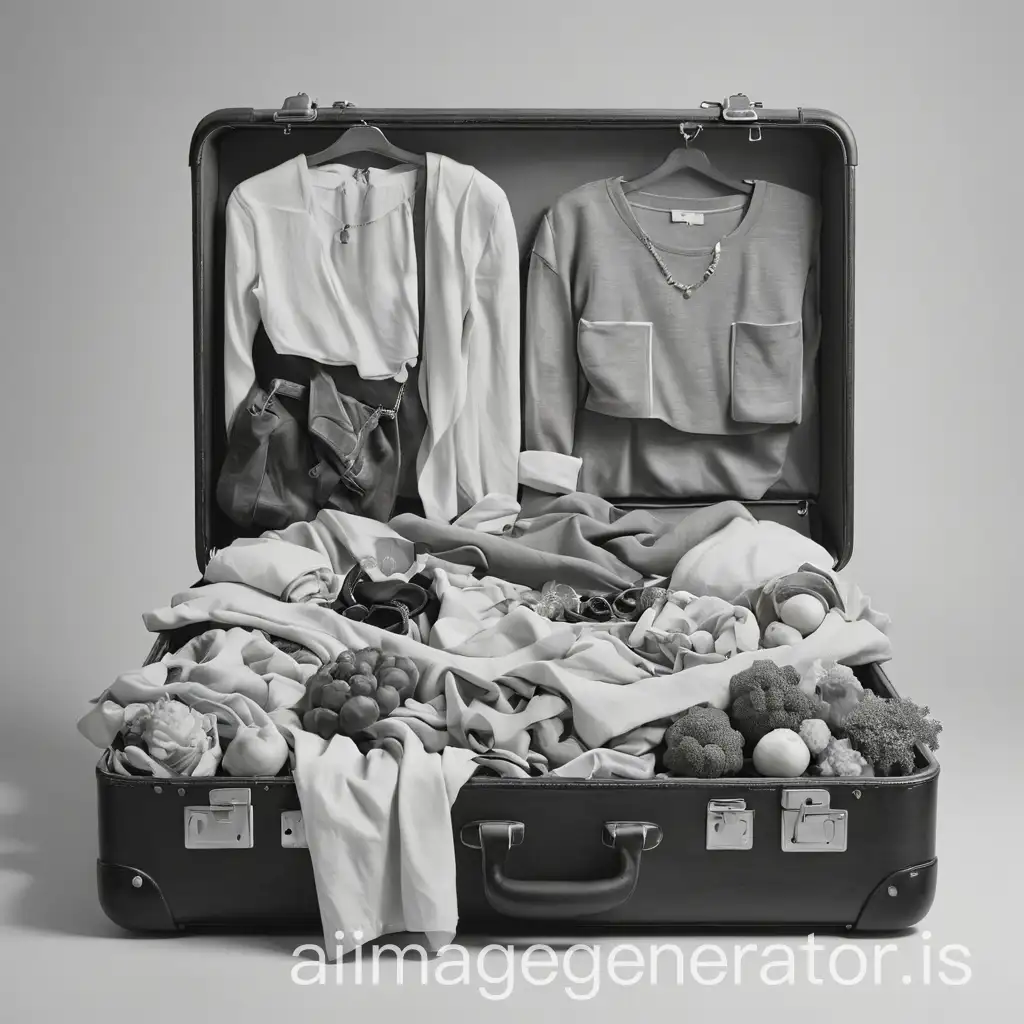 Minimalist-Black-and-White-Drawing-of-Wooden-Suitcase-with-Clothes-Jewelry-and-Vegetables