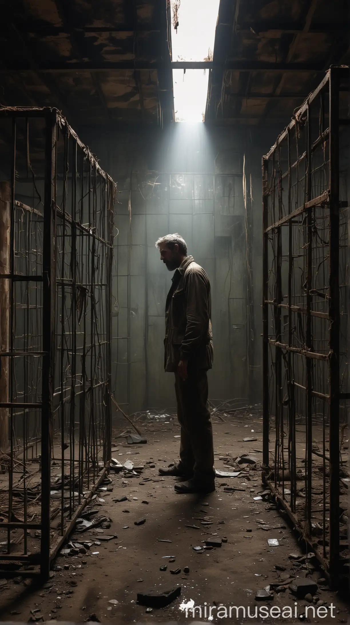 Man Confronting Mysterious Mirror in Abandoned Warehouse