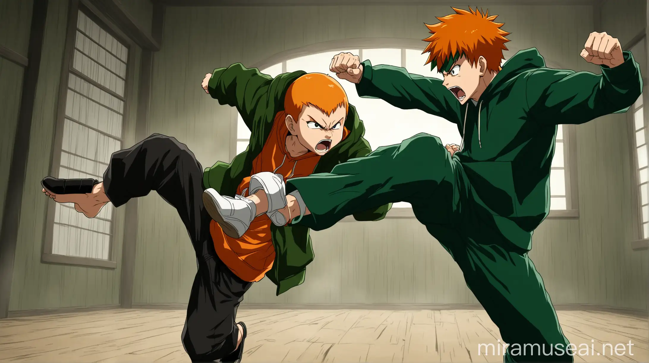 Anime Young Boy Roundhouse Kicking Dark Green Character