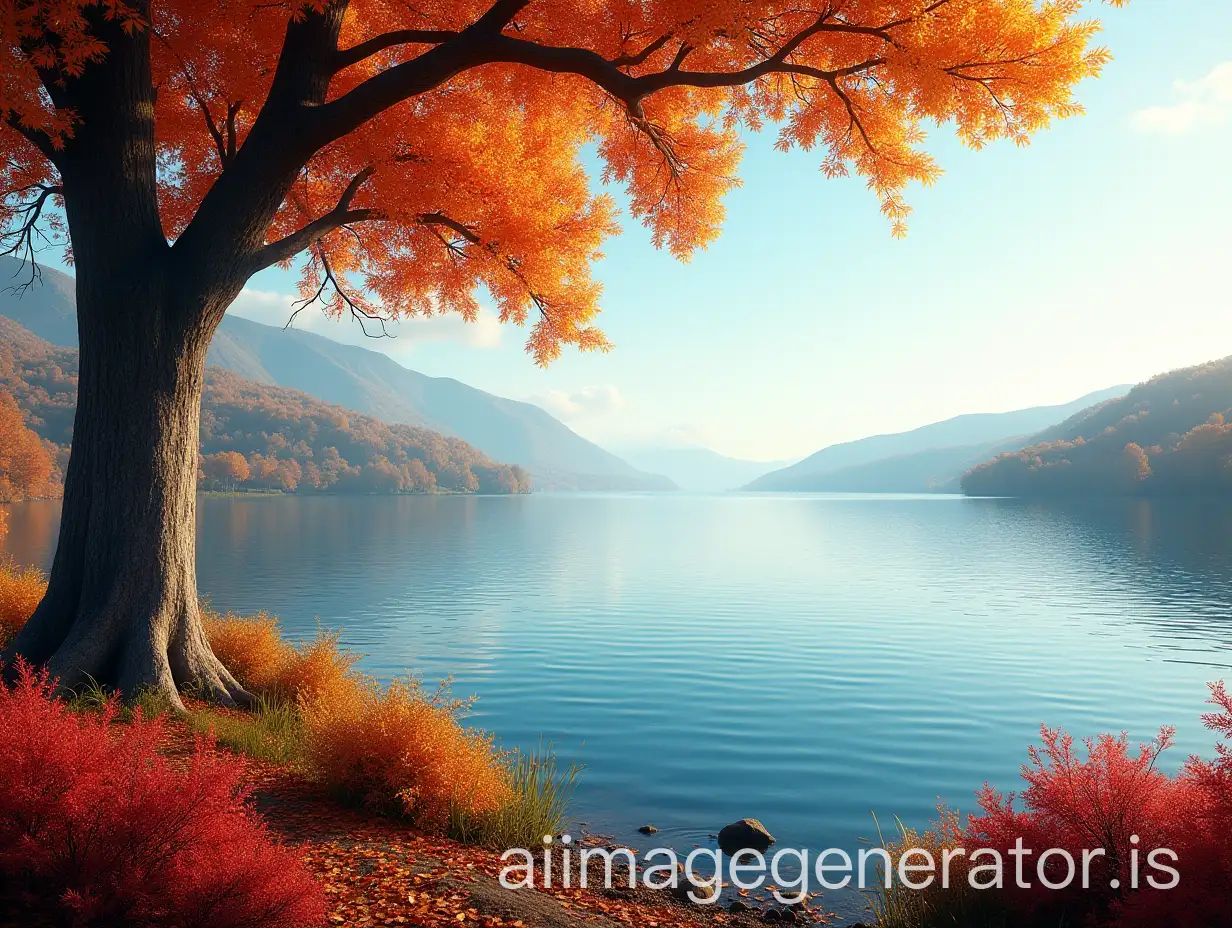 Serene-Lakeside-Autumn-Scene-with-Vibrant-Foliage-and-Reflective-Water