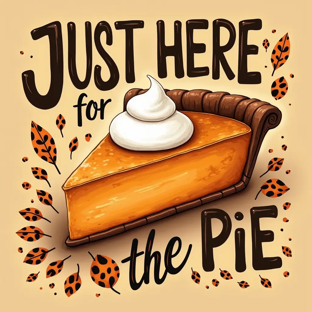 Vector, Oil painting ART. Create a vibrant, fall-themed image featuring a slice of pumpkin pie with a dollop of whipped cream. The pie should be surrounded by leopard print patterns and have a rustic, homemade appearance. The phrase 'JUST HERE FOR THE PIE' should be written boldly, in a contrasting font. The overall mood should be playful and festive.