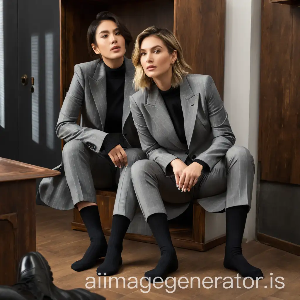 Two-Women-in-Secret-Room-Wearing-Black-Ribbed-Socks-and-Suit-Pants