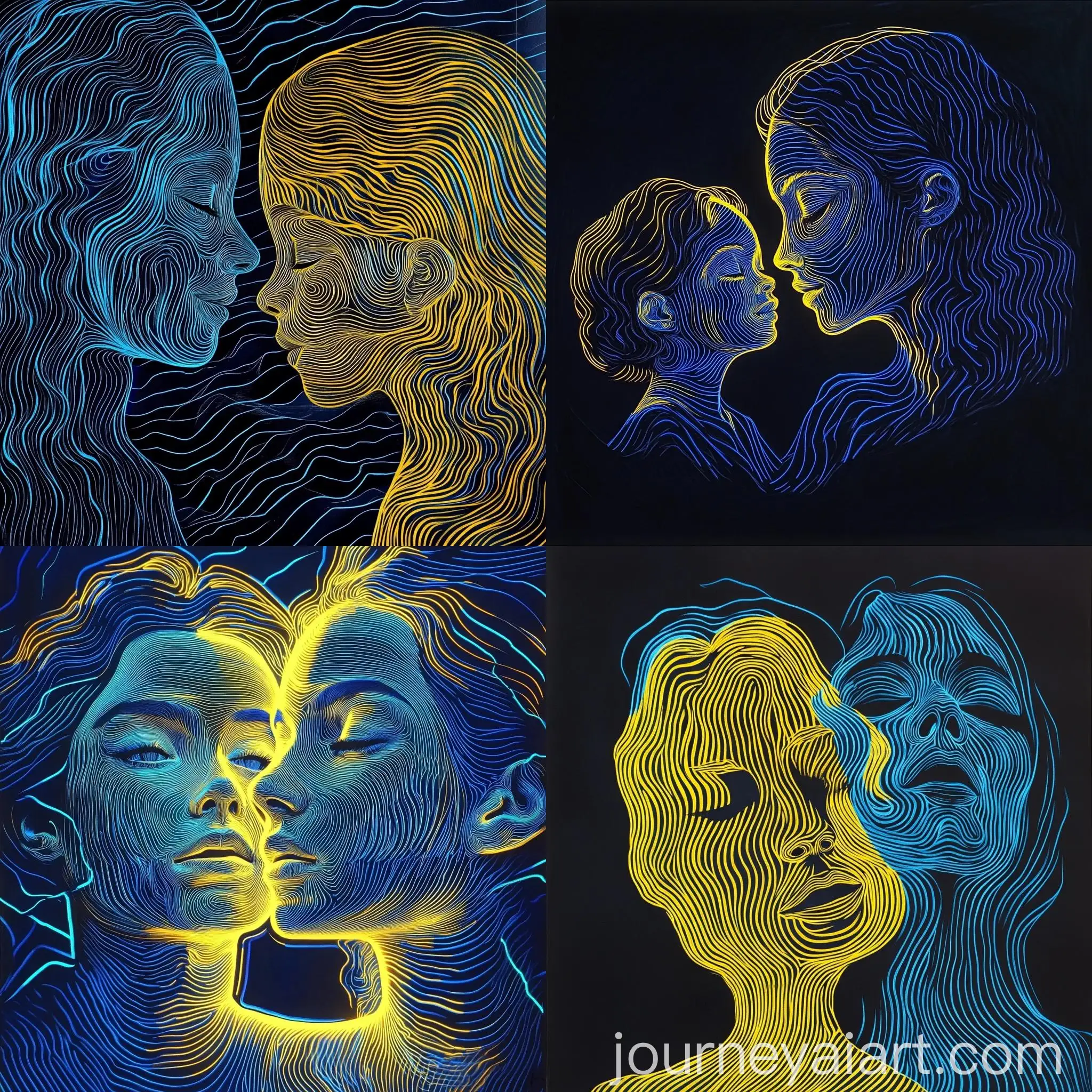 Illusionary-Glowing-Mother-and-Daughter-Artwork-in-Blue-and-Yellow-Lines