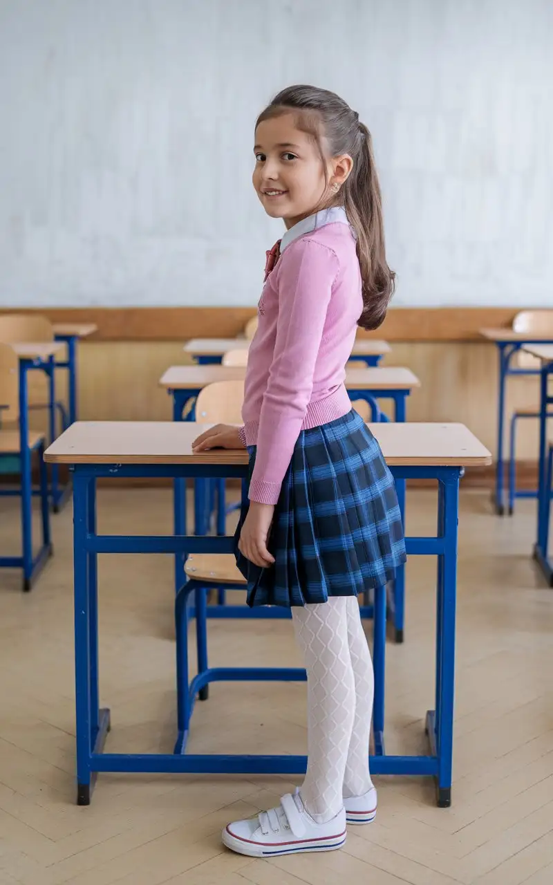 Teenage-Turkish-Girl-in-Classroom-with-Wooden-Desk-and-Blue-Plaid-Skirt