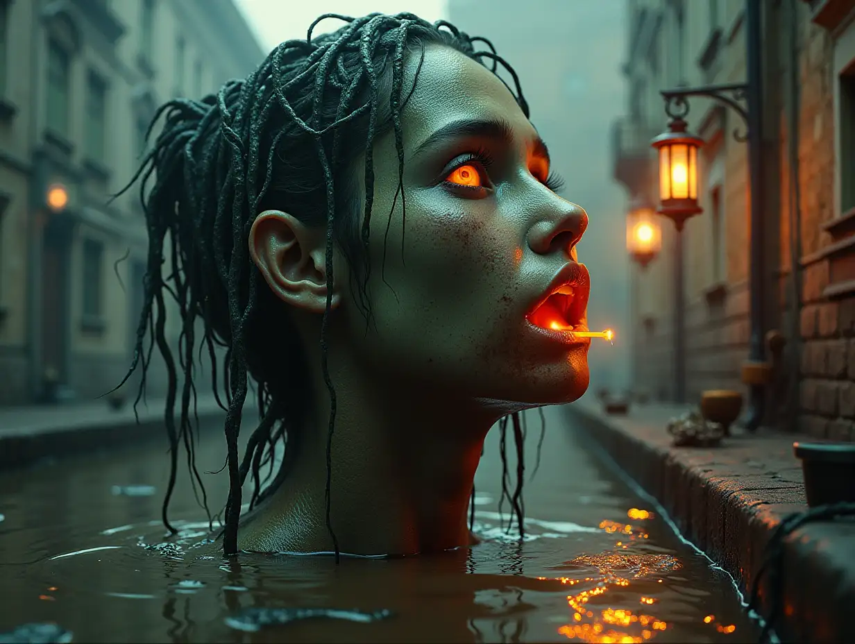 Creating a digital photo of a face with slime hair, that transforms into a building with brown soup and illuminated toilet with rusty iron and a river with floating paint worms and rusty lanterns and strange eerie creature beings