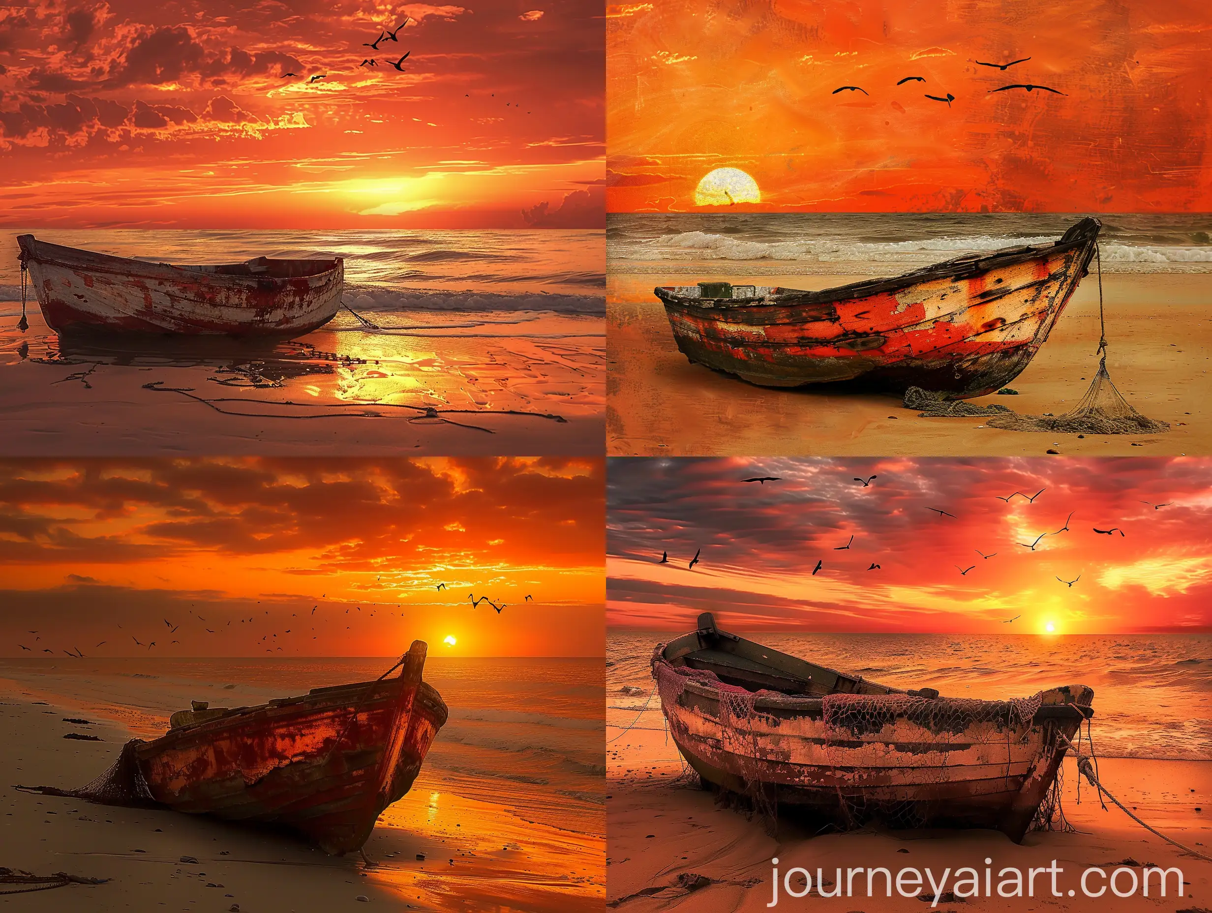 Solitary-Old-Fishing-Boat-on-Sunset-Beach
