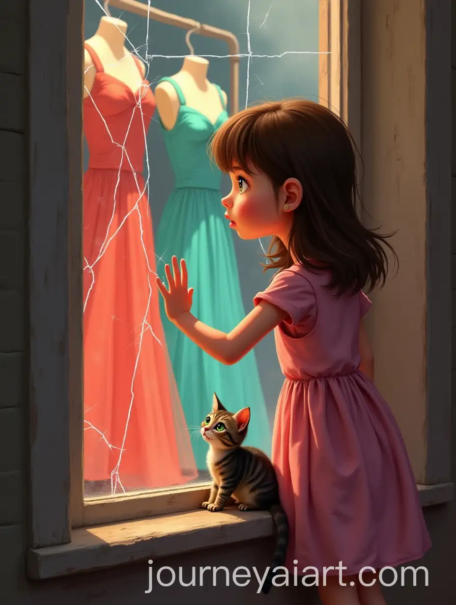 Young-Girl-Longing-for-Colorful-Dresses-by-a-Cracked-Window