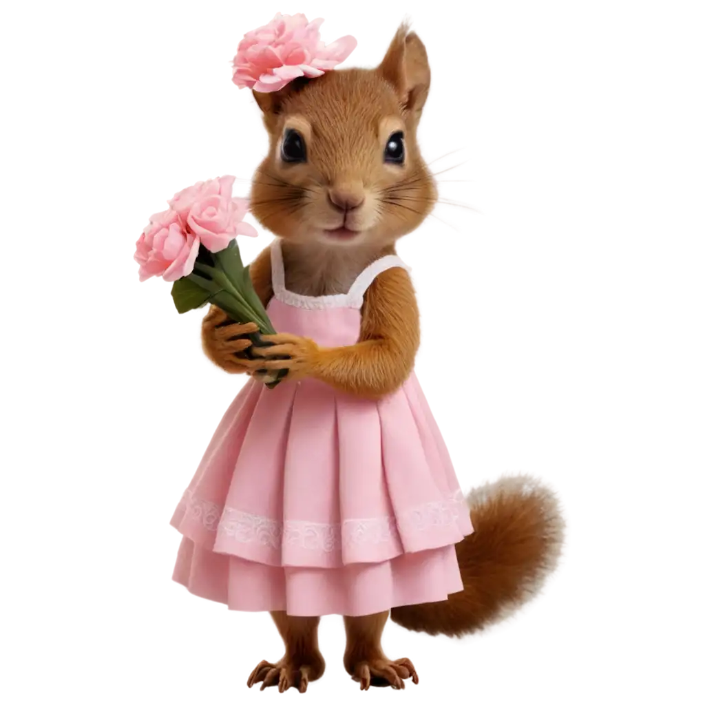 Squirrel-in-Pink-Dress-with-a-Bouquet-of-Flowers-PNG-HighQuality-Transparent-Image-for-Various-Uses