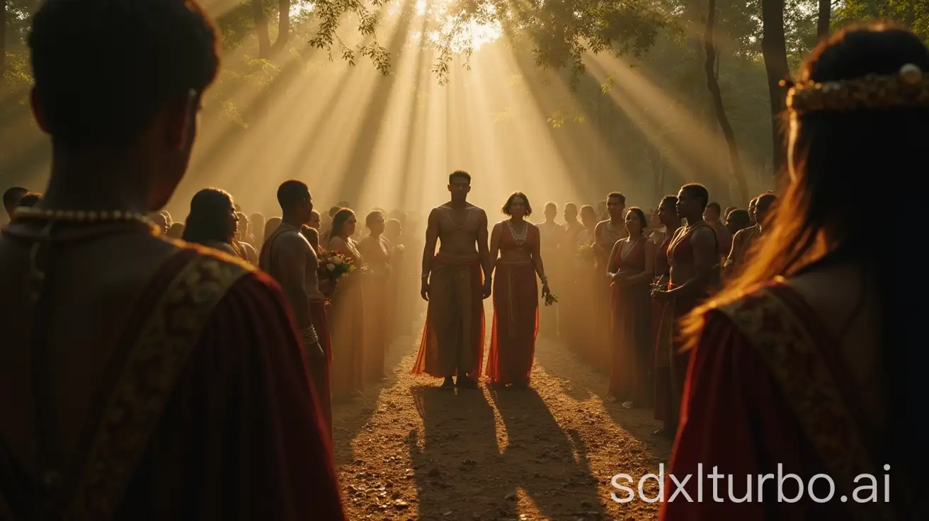 Prince Betoambari's wedding to Princess Wa Sirigina, a traditional ceremony of kings, set in a mystical forest setting in the late afternoon with dim sunlight.