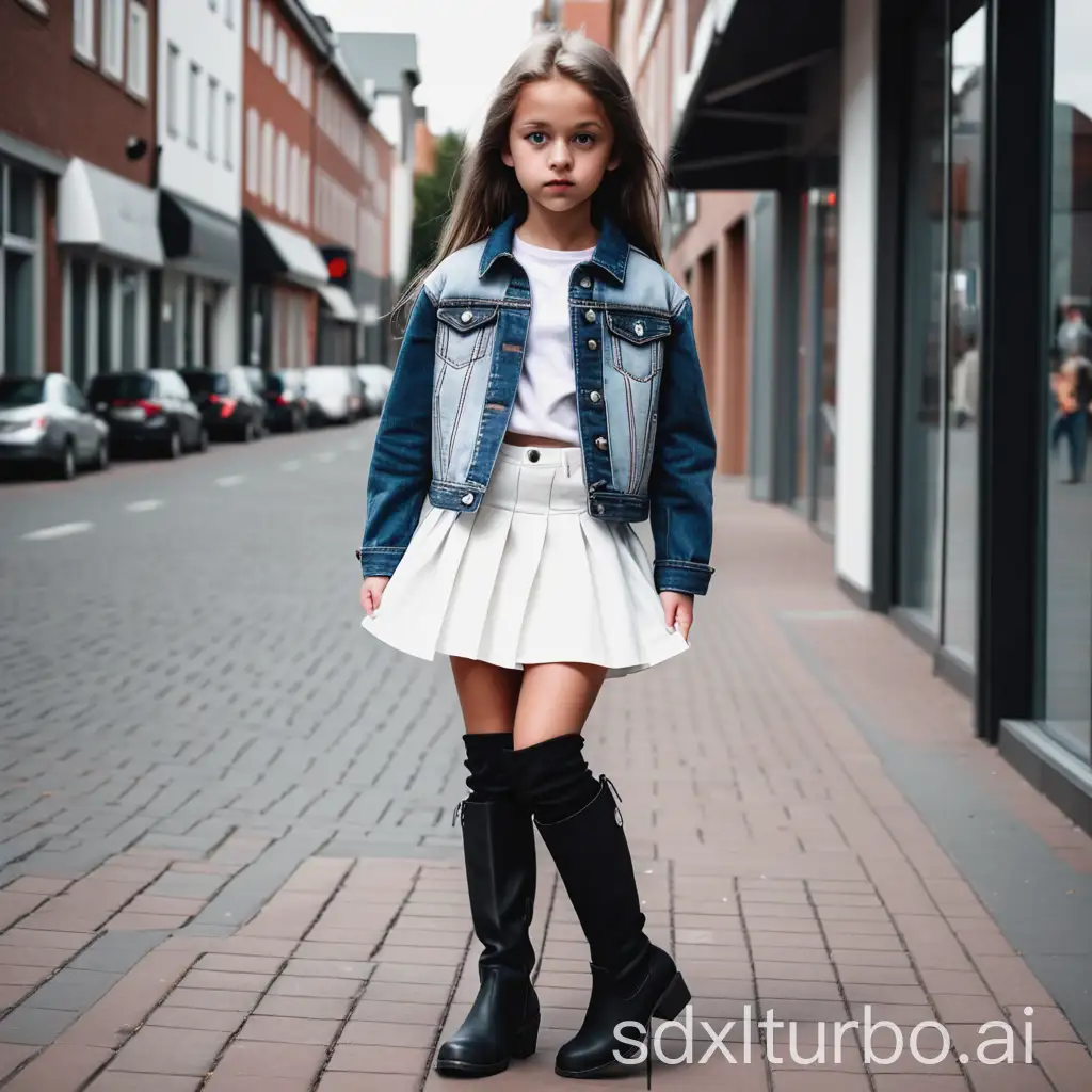 little young girl wearing denim jacket and white skirt with black block heel overknee boots and staying in town