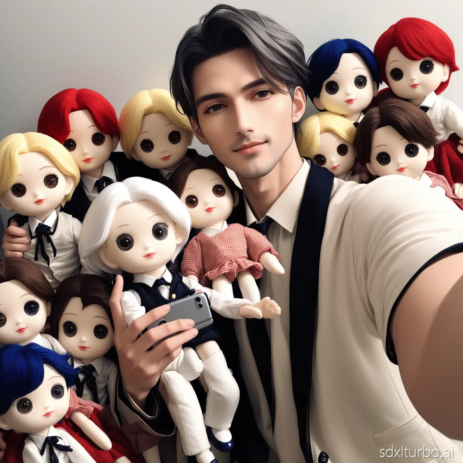 Sensei type character but still young and handsome taking a selfie with his dolls.