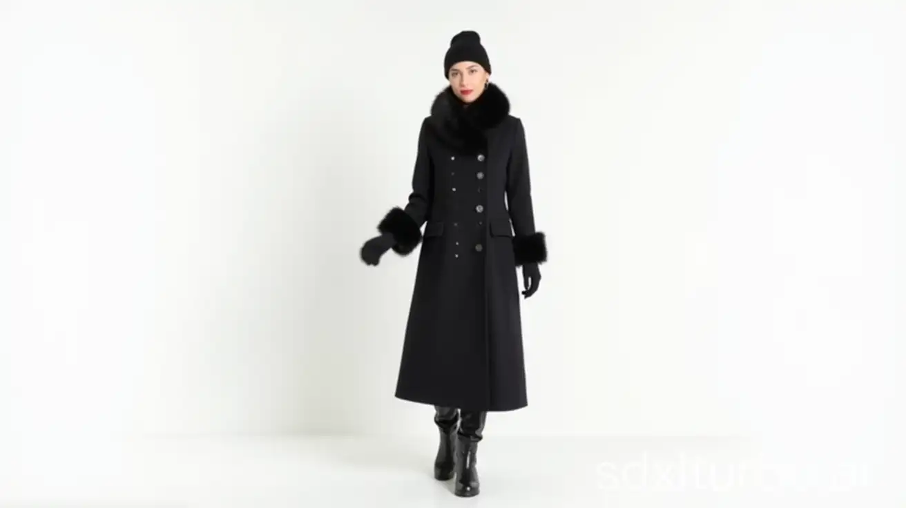 On a white background, a full-length young woman in a floor-length double-breasted winter black cashmere coat with a fur collar, fur trim on the sleeves, with black round buttons, a black kubanka hat on her head, black leather gloves on her hands, black leather boots on her feet.