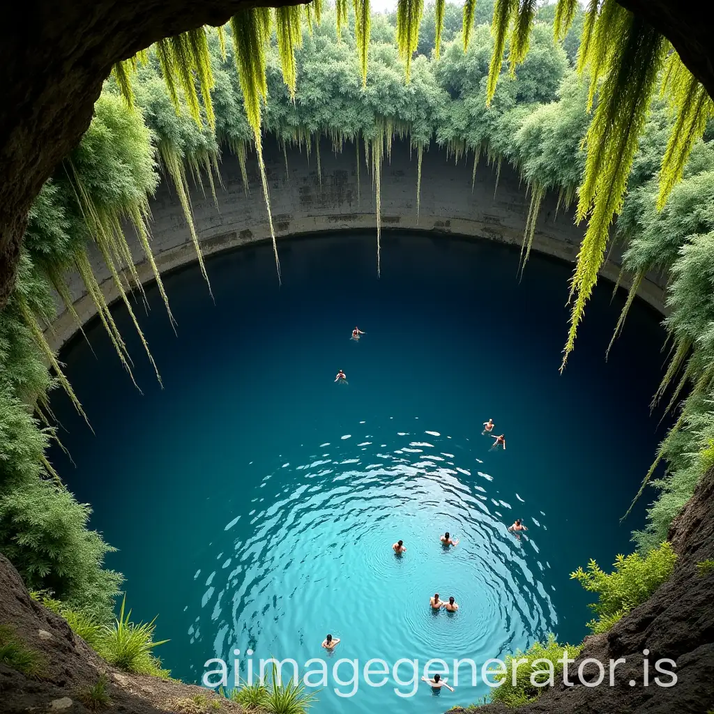 A breathtaking view of Cenote Ik Kil near Chichén Itzá, Mexico. A deep, circular sinkhole surrounded by hanging vines and lush green vegetation. Clear blue water reflecting the stone walls, with visitors swimming and enjoying the magical, natural setting.