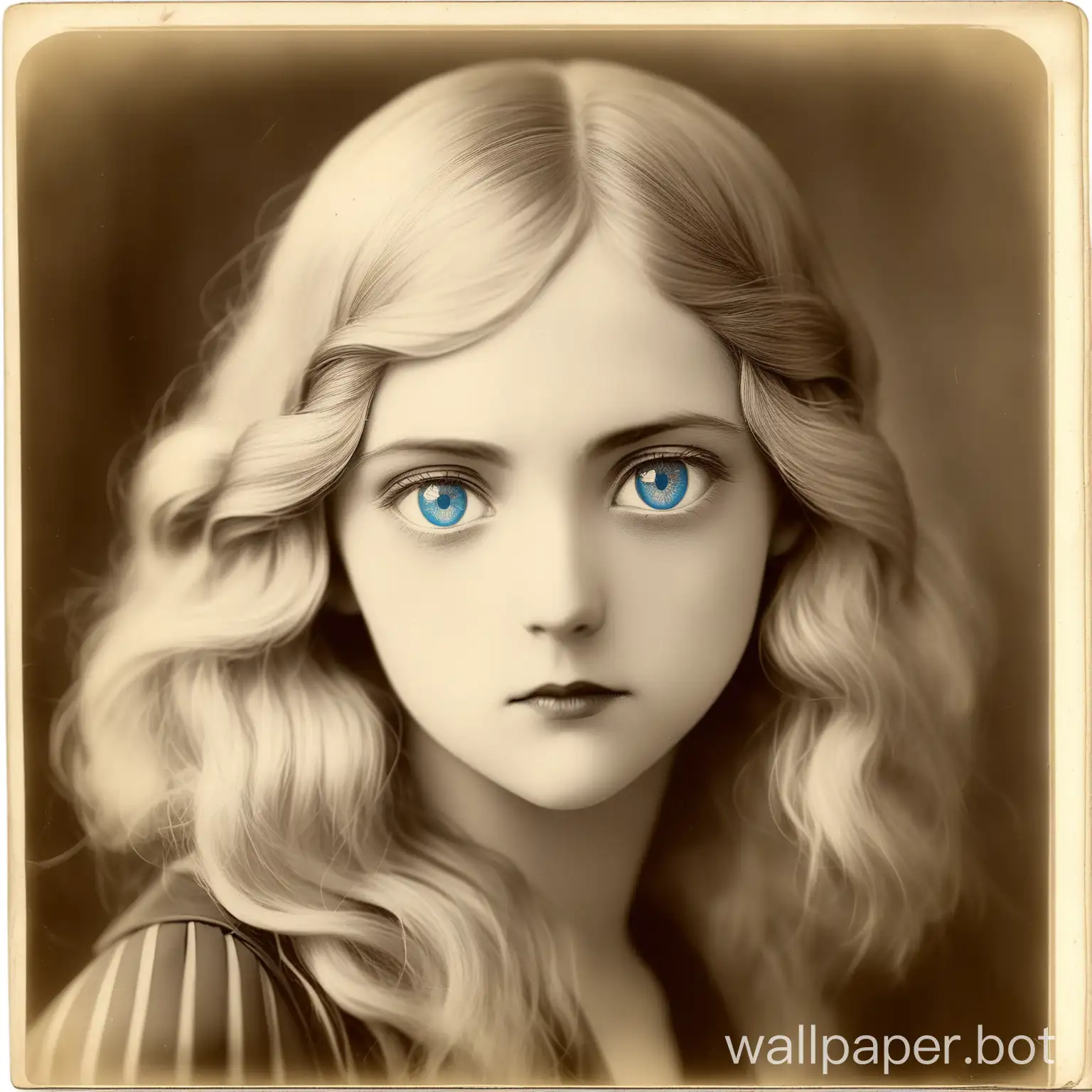 blonde long hair beautifull girl , big blue eyes, serious front face  looking at the camera  headshot vintage, look  1920s photo