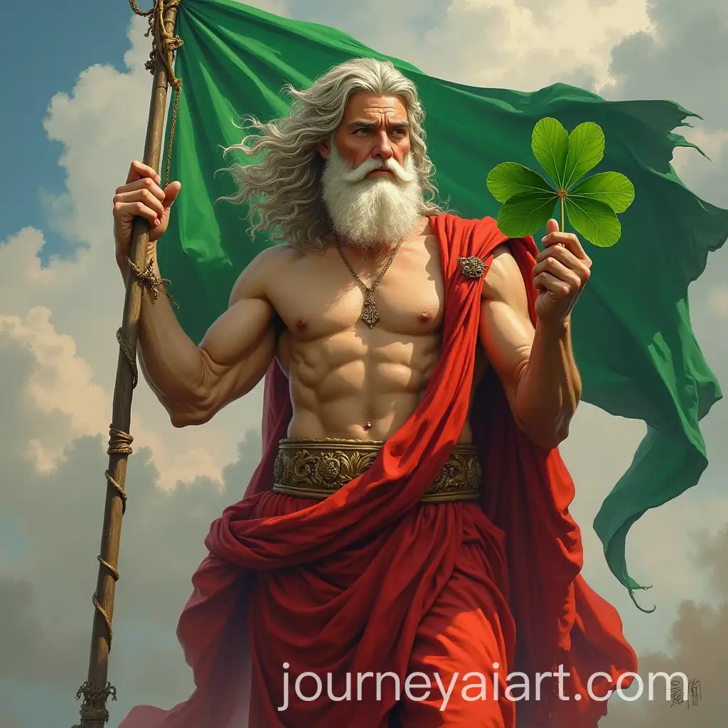 Olympus-God-in-Red-Clothes-Grasping-Green-Clover-Flag