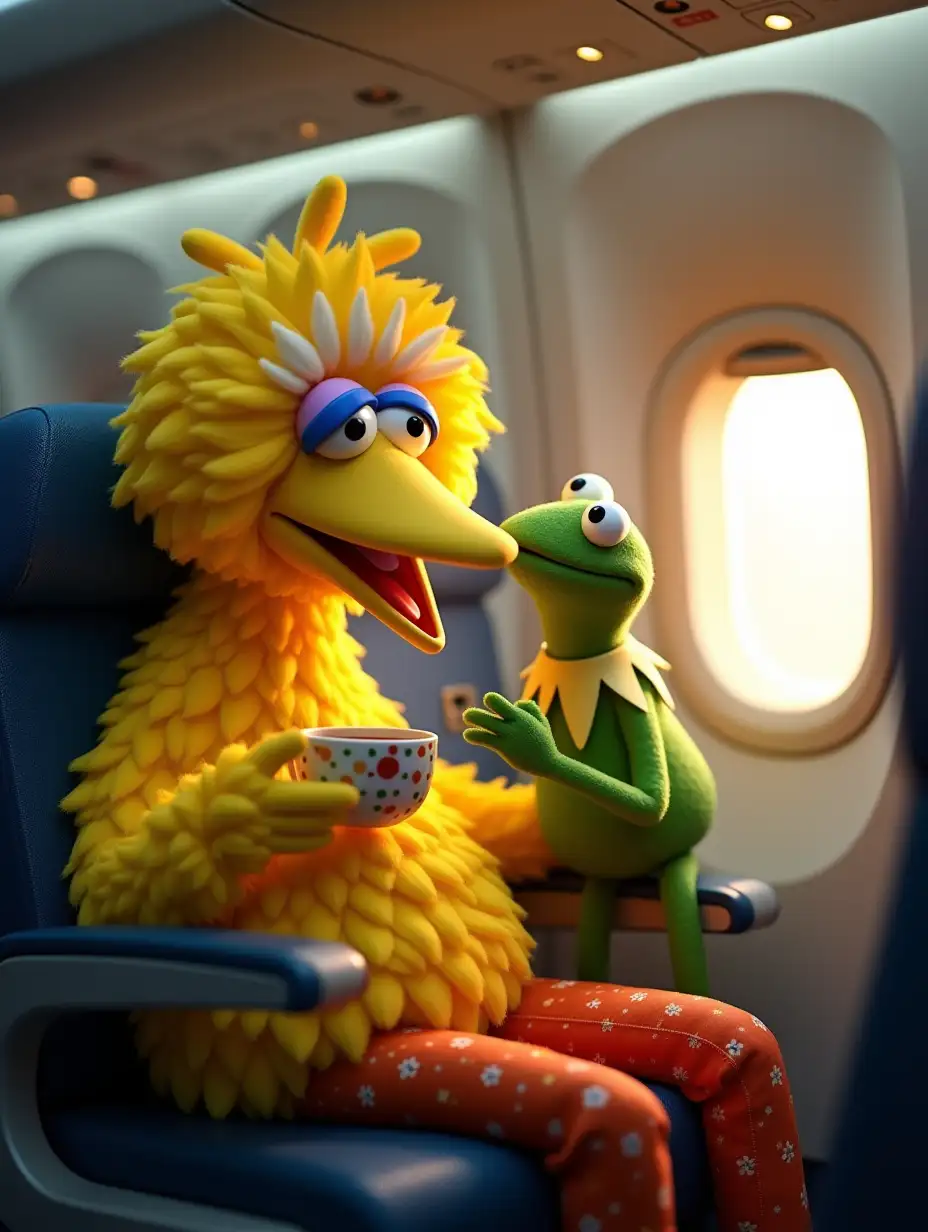 Kermit the frog and big bird are on an airplane together. Big bird is drinking a cup of water and Kermit is drinking a cup of tea.