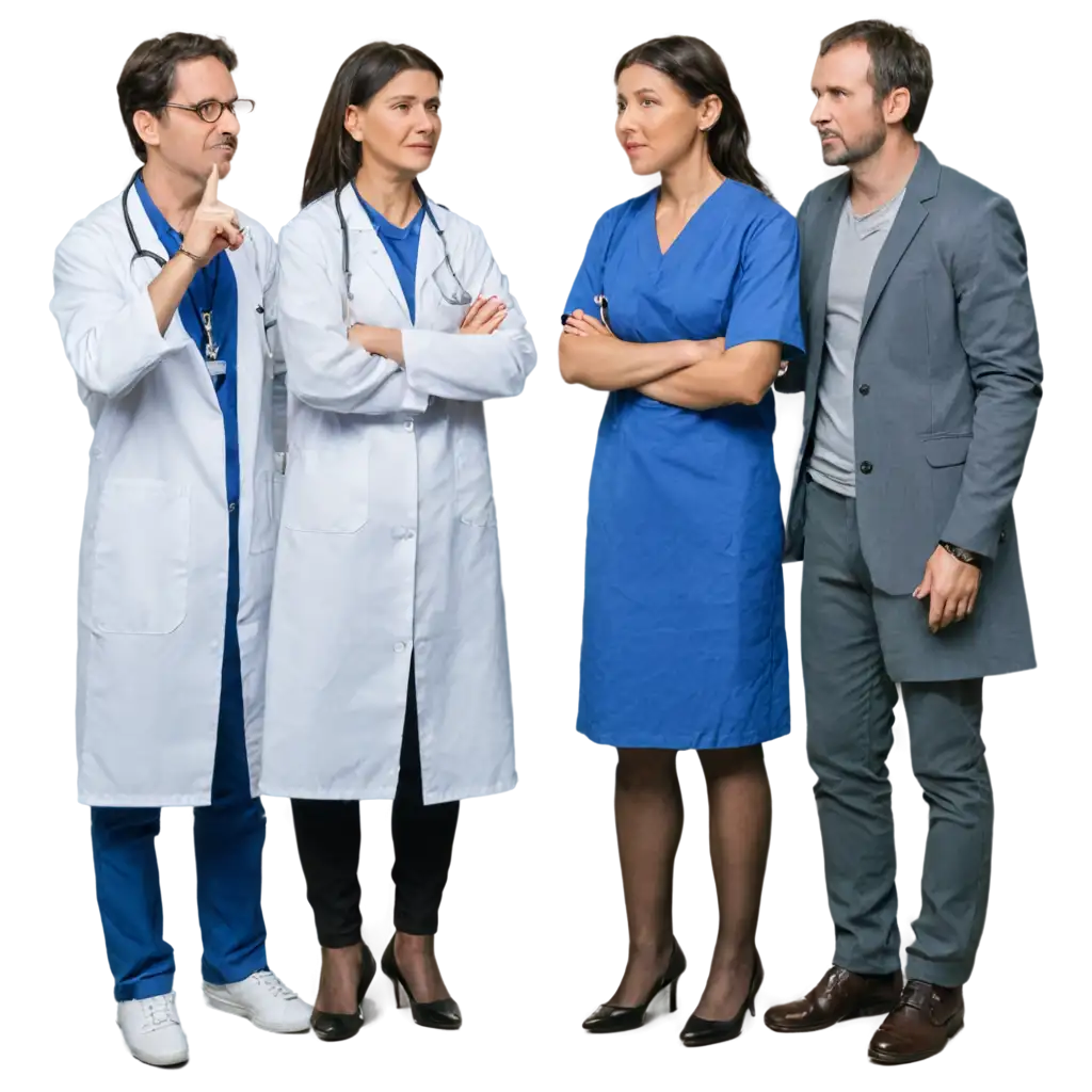 three doctors standing together and three of all watching in diff directions