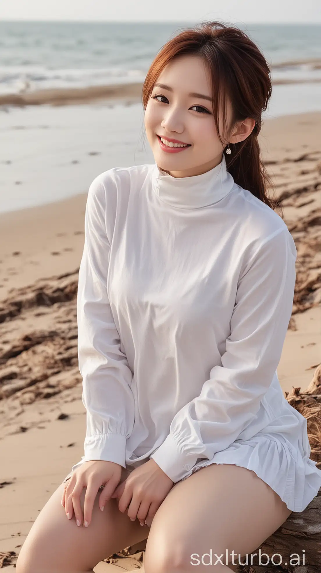 Chinese-Female-Singer-in-Winter-Outfit-on-the-Beach-with-Sweet-Smile