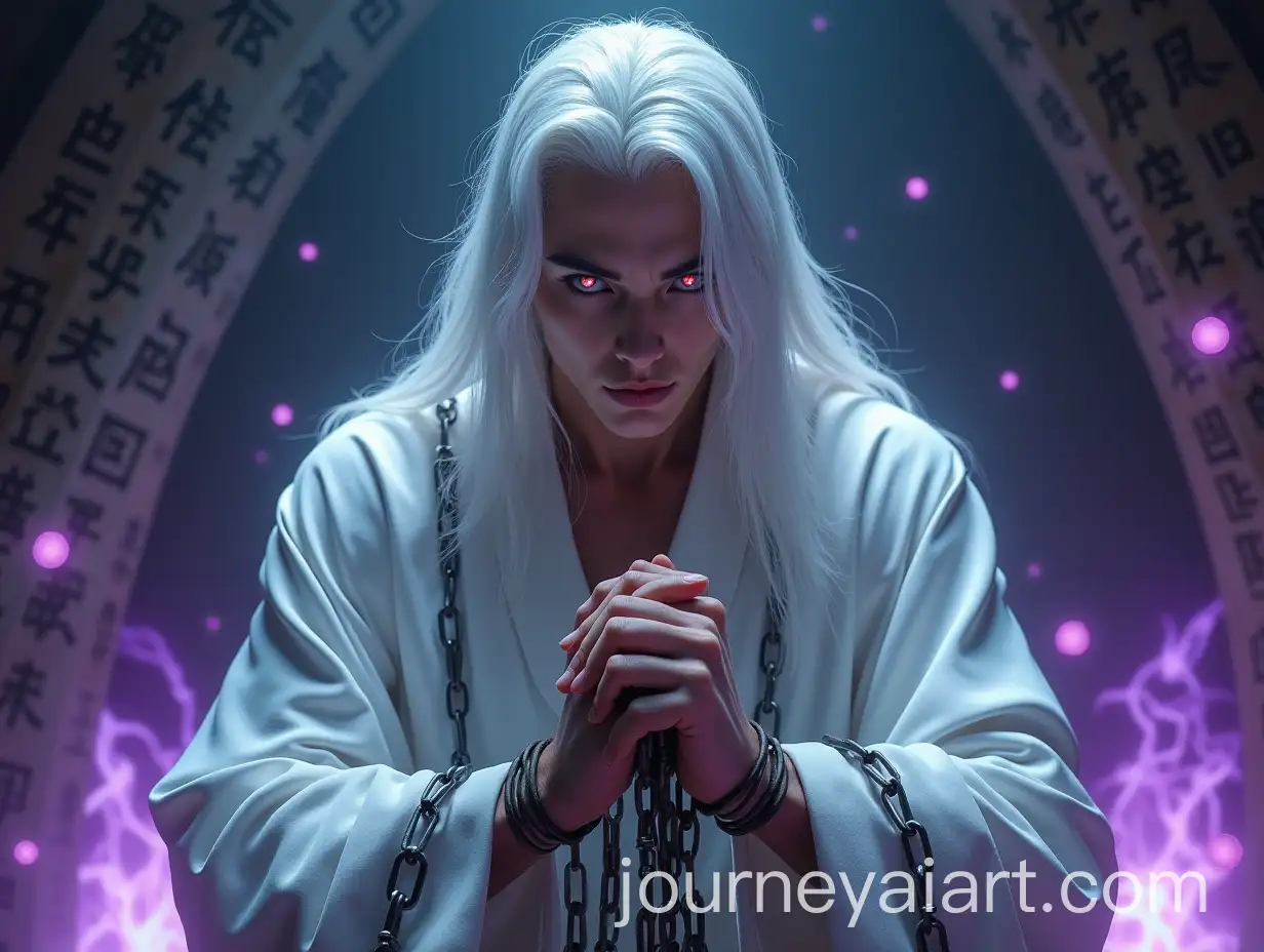 Handsome-Man-in-White-Robe-Bound-by-Chains-in-Mystical-Cave-with-Glowing-Orbs-and-Purple-Flames