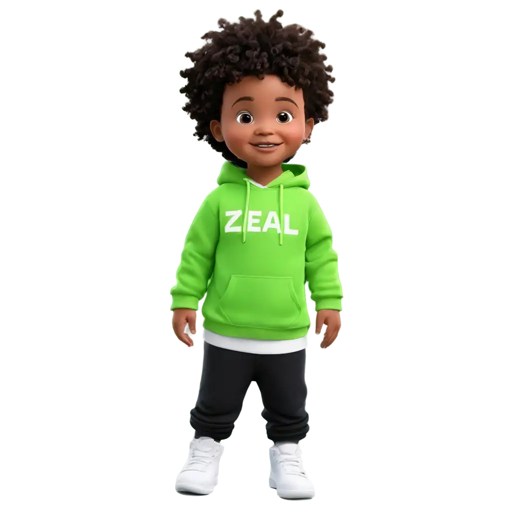 cute computer generated toddler with a neon green hoodie that says Zeal