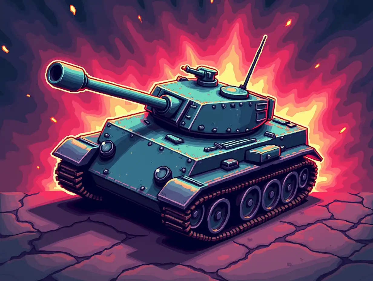 Top-down 2D pixel art game icon of a tank, retro arcade style, vibrant and colorful, dynamic pose, detailed design, clean edges, cartoonish aesthetic, bold outlines, high contrast, inspired by classic games like 'Battle City' or 'Tank Trouble', suitable for mobile game, fun and playful vibe, background with simple geometric shapes or explosion effects, bright neon colors, modern twist on retro visuals денди