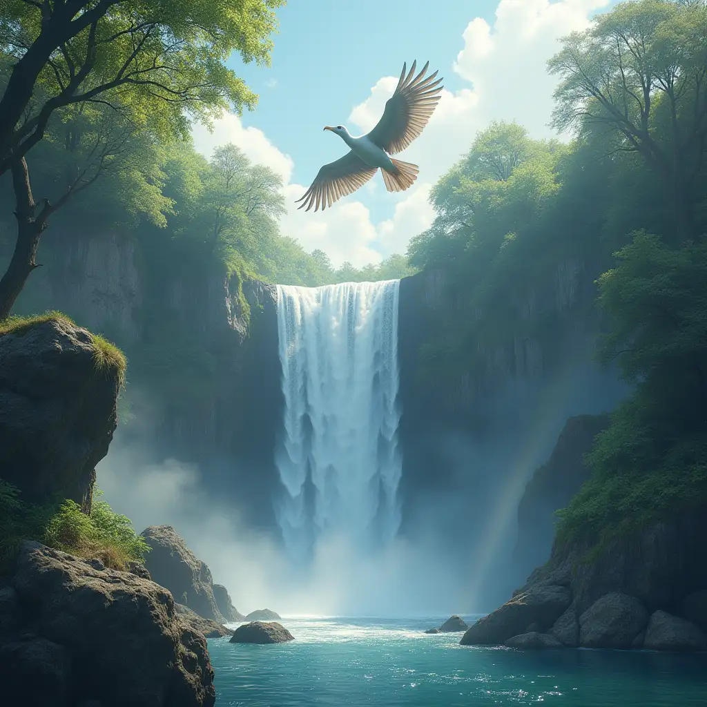 imaginary world, nature, waterfall, flying big bird