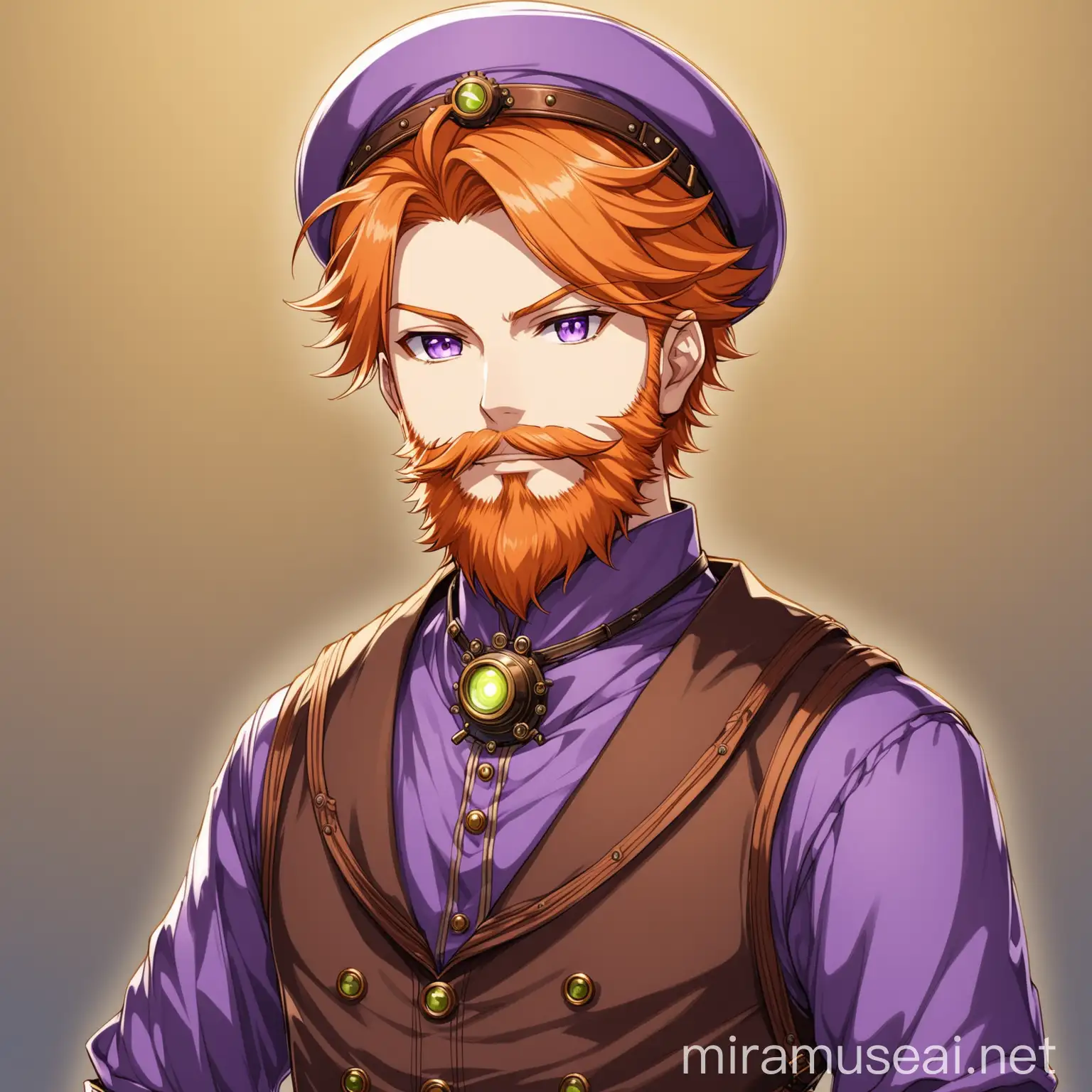 Steampunk Fantasy Sailor with Violet Shirt and Orange Hair in Anime Style