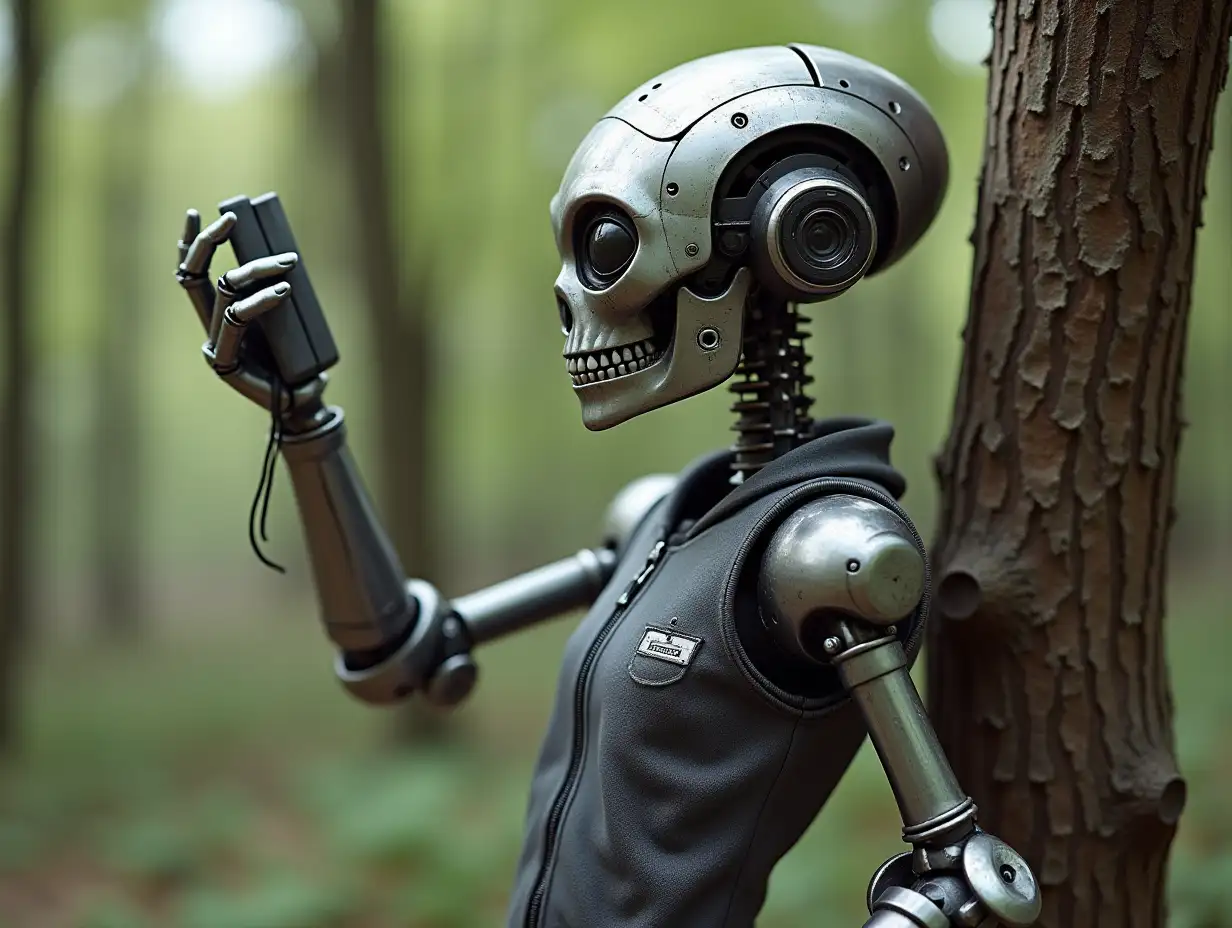 Create a high-resolution, realistic image of a robot, dancing with a tree. It has a skeleton body, metal hands and the head of an alien, a fashionable tracksuit, steel hair and a Walkman in its hand. 4K resolution (Steampunk 8K quality)