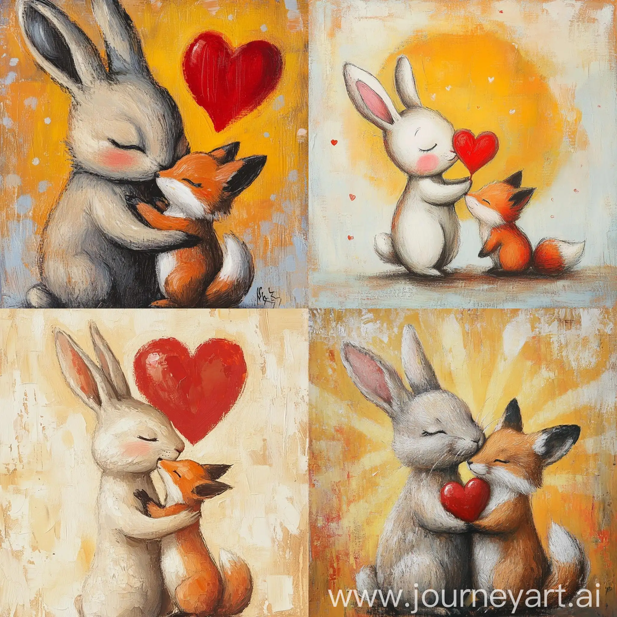 Adorable-Rabbit-and-Fox-Duo-Embracing-Under-a-HeartShaped-Sun