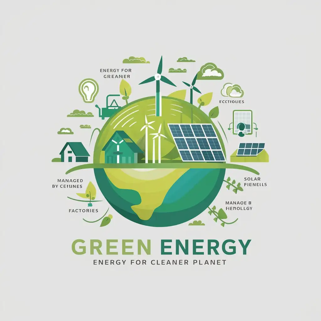 a vector logo design,with the text "green energy", main symbol:Energy for cleaner planet, mainly from geothermal, also containing some wind devices, solar panels, gathered into power grid, supplied to homes, factories, fields, managed by technology,Moderate,clear background