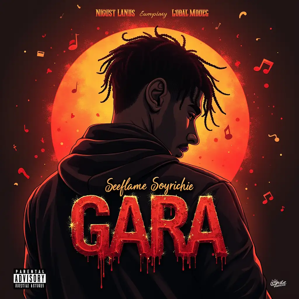 Make a music artwork cover with the title 'GARA.' The artist is Deeflame featuring Boyrichie. Use a mature musical background  don't add any image of a person, there are other best idea you should use, and include all the essential icons that should be on a music cover.Like the parental advisory logo 