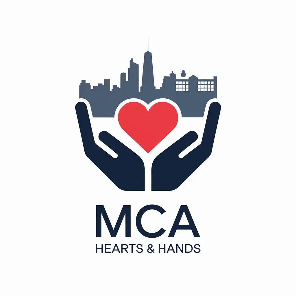 LOGO Design for MCA Hearts Hands Minimalistic Hands Holding Red Heart with NYC Skyline Theme