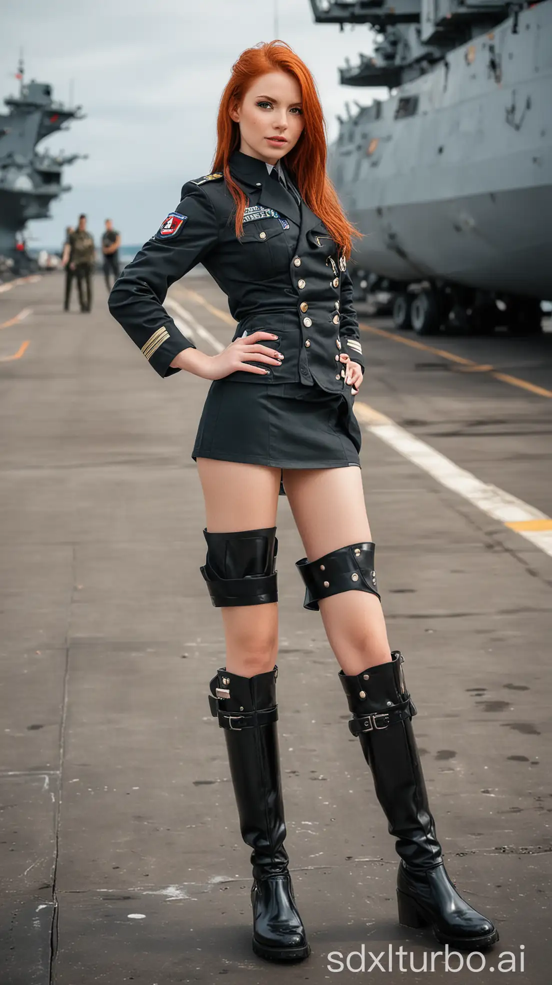 pretty red-haired white skin girl modeling with tight military uniform and short skirt, high black boots, on an aircraft carrier