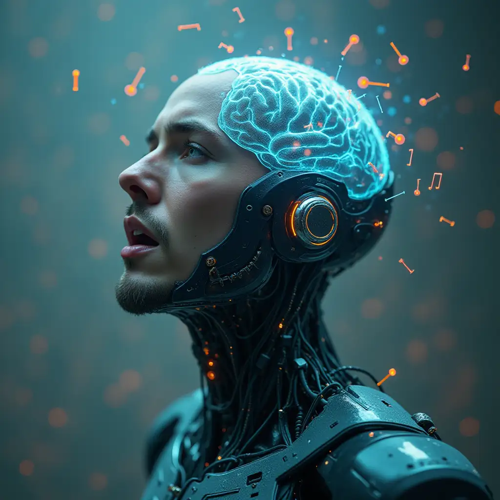 Futuristic picture of an male cyberpunk android with human brains singing visible notes in the the air in 3000x3000 pixels