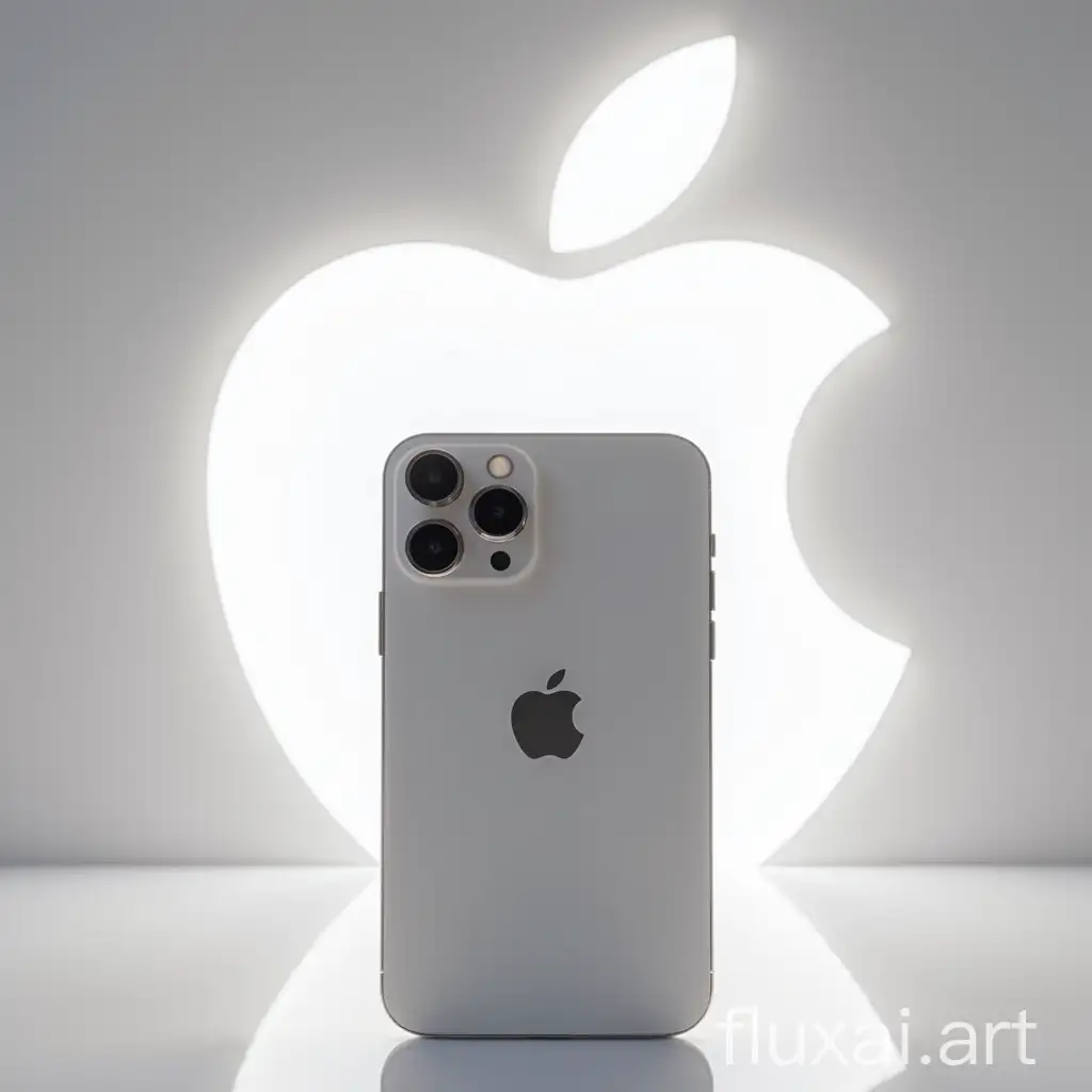 iPhone 15 pro max elegantly placed in front of a large, glowing Apple logo, minimalist white background, dramatic lighting, 8k resolution