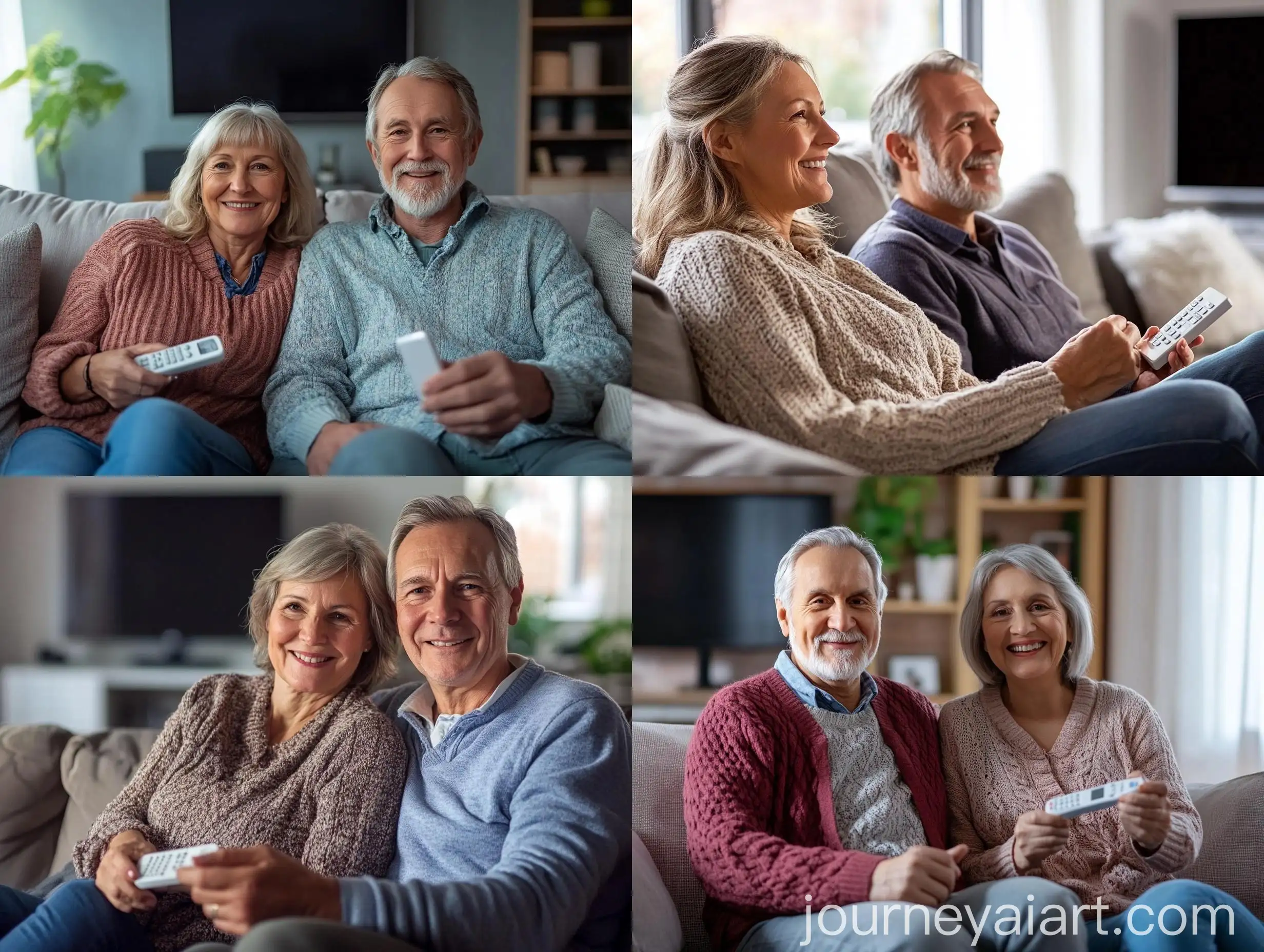 Casually-Dressed-Couple-in-Their-60s-Relaxing-at-Home-with-TV-Remote