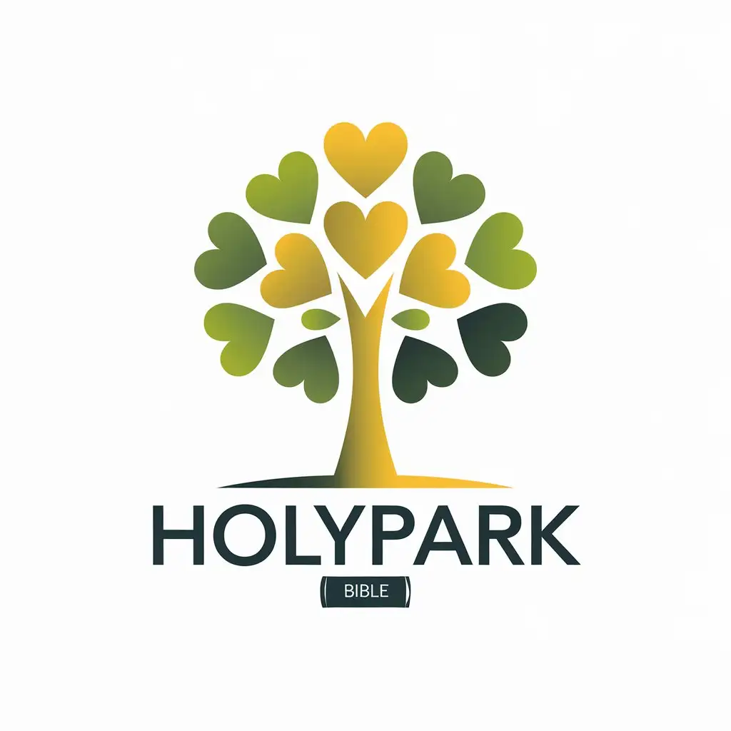 LOGO-Design-for-HolyPark-Tree-Symbol-with-12-HeartShaped-Leaves-in-Yellow-and-Green-Bible-at-Bottom-Clear-Background