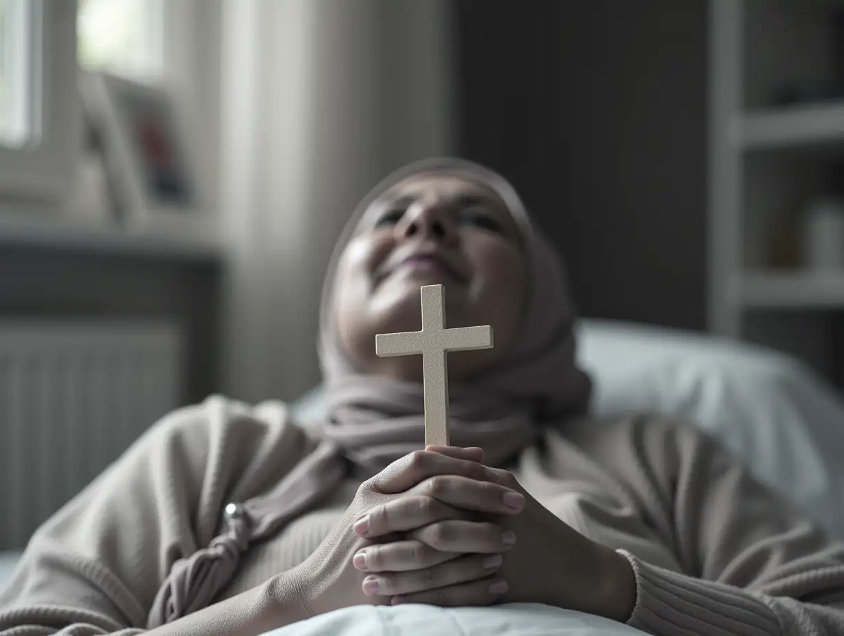 christian cross in hands of cancer patient wearing headscarf during chemotherapy treatment lying on bed in hospital praying and worship for hope, in monotone