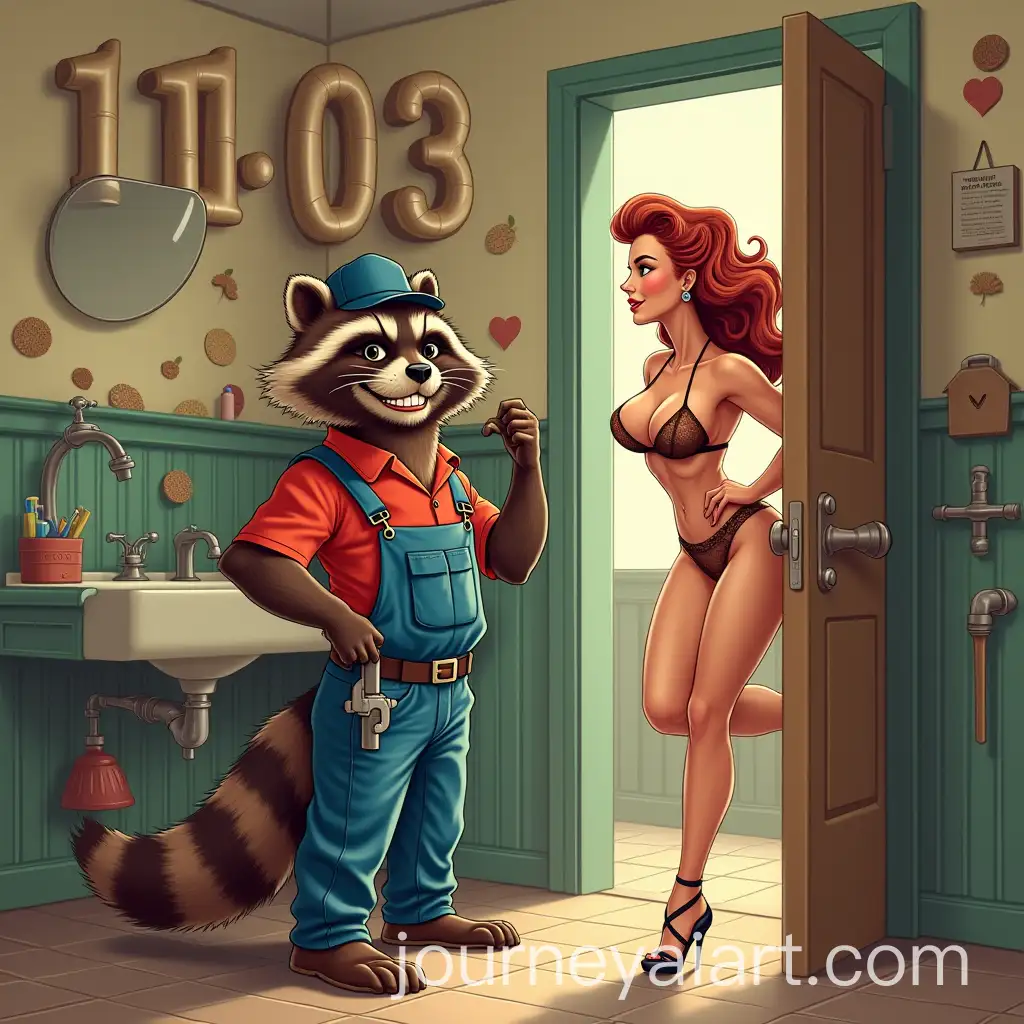 Flirty-Raccoon-Plumber-and-Seductive-Woman-in-Retro-Bathroom