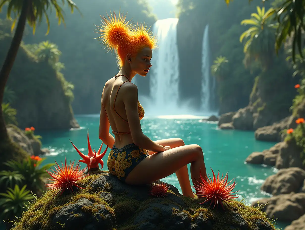 Hyperrealistic portrait a woman with yellow and red prickly hair on a rock with spiky plants with various riesen alien schlangeIIc with elaborately detailed, colorful in the background of rainforest, waterfall, sea giant plants