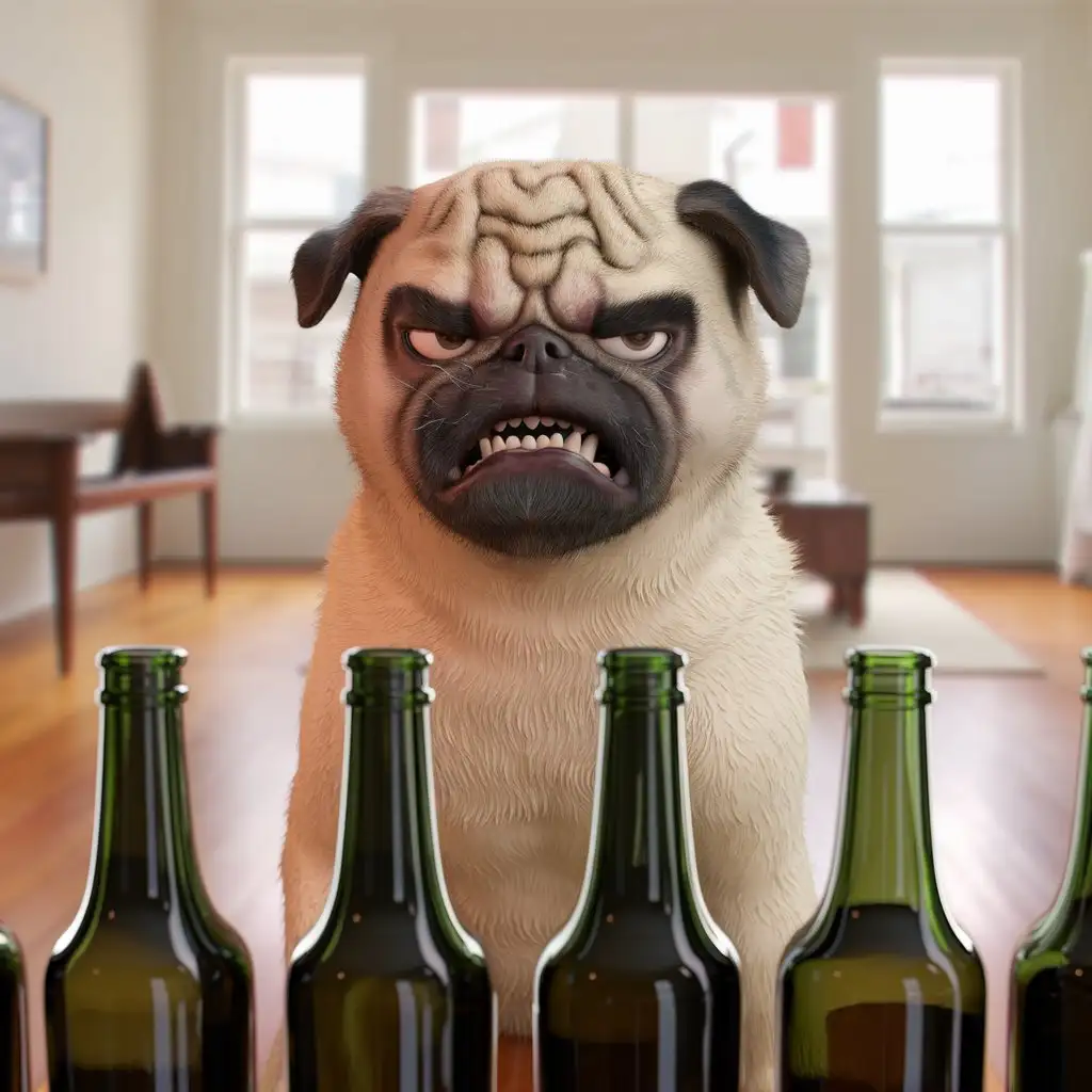 a very angry pug-dog is barking at bottles in front of him, on a bright background of a 3d room