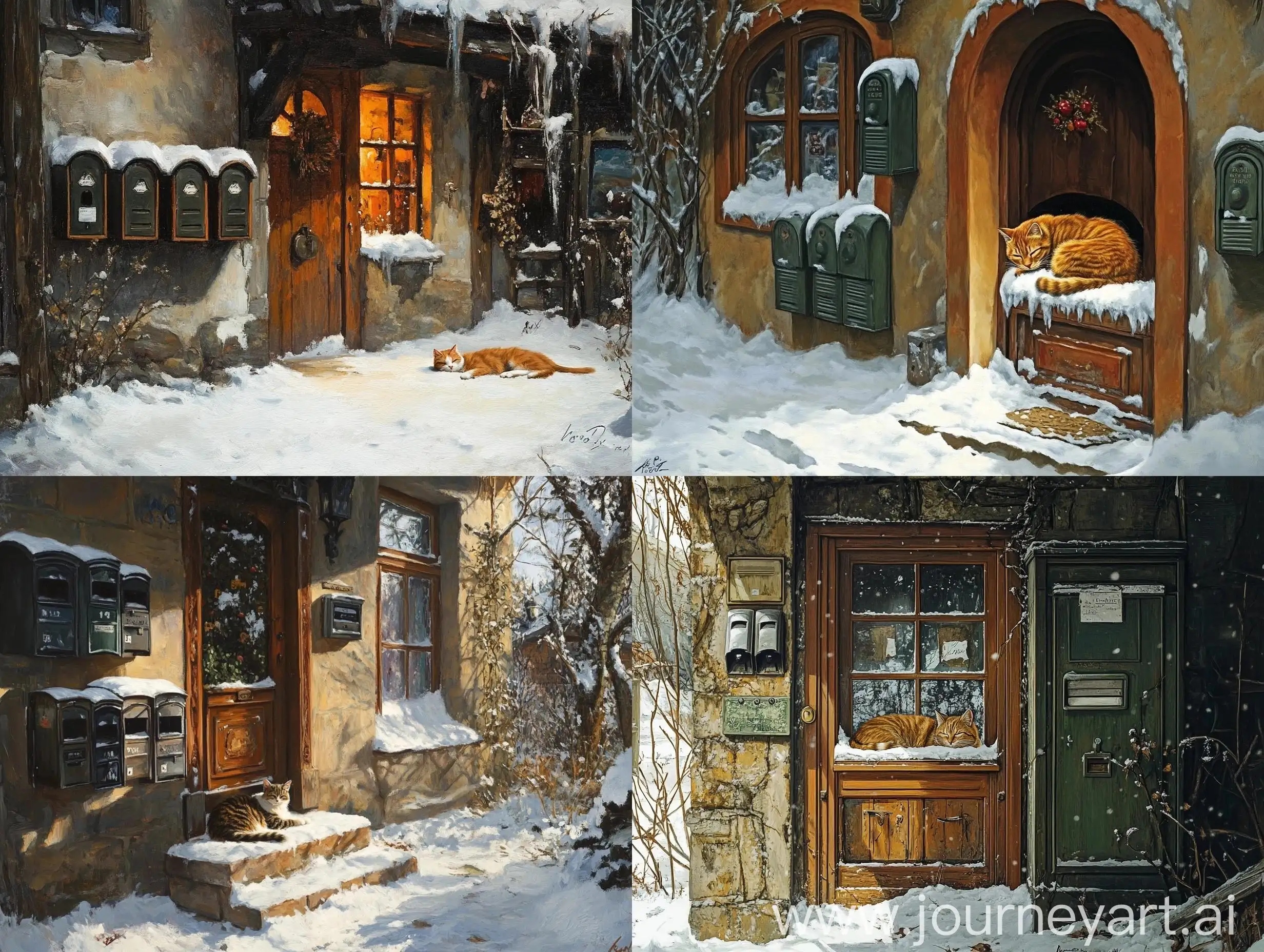 Quaint-Winter-Scene-Old-Entrance-with-Mailboxes-and-Sleeping-Cat