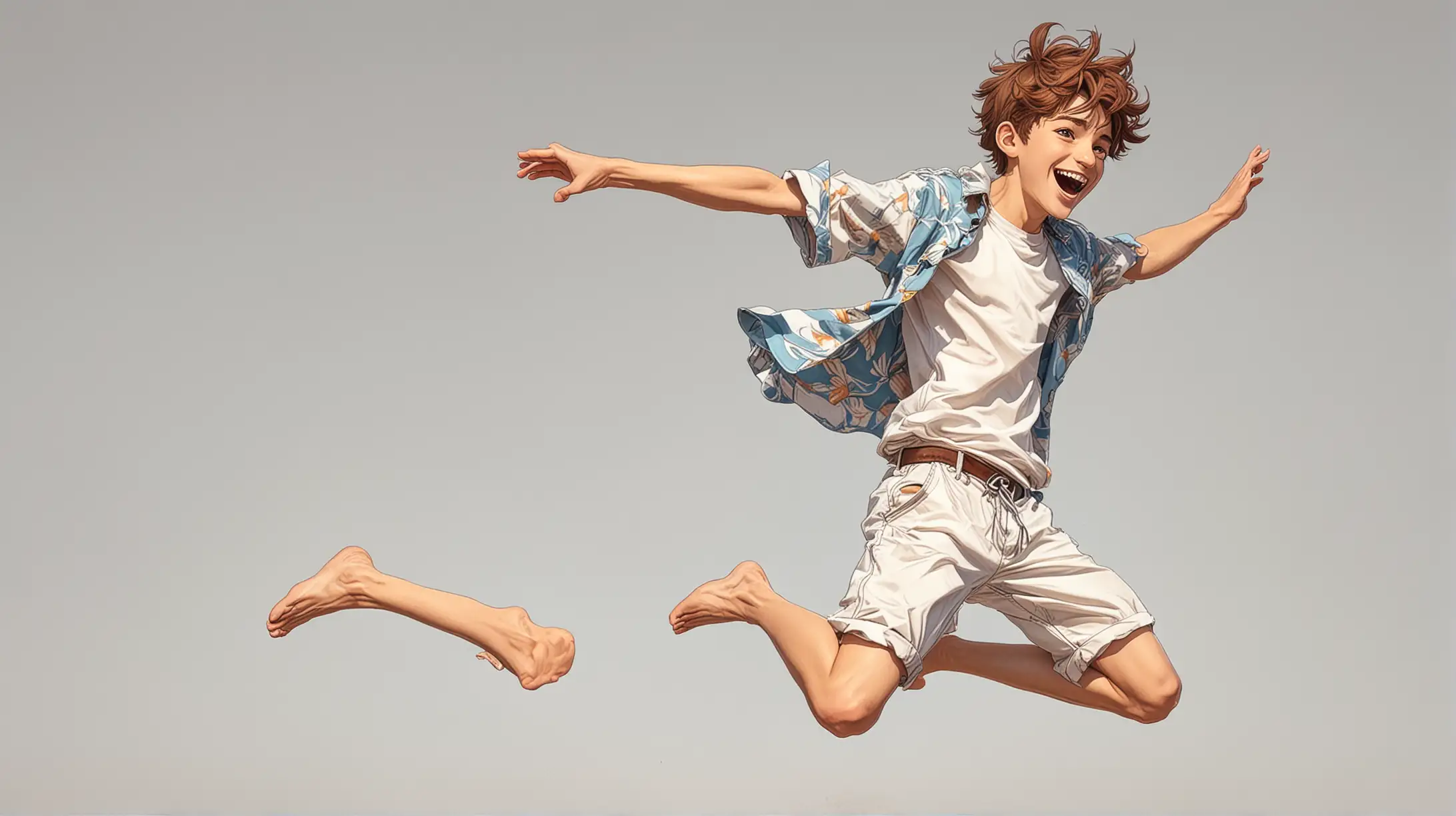 Handsome Teenage Boy Jumping in Summer Beach Clothes Anime Style