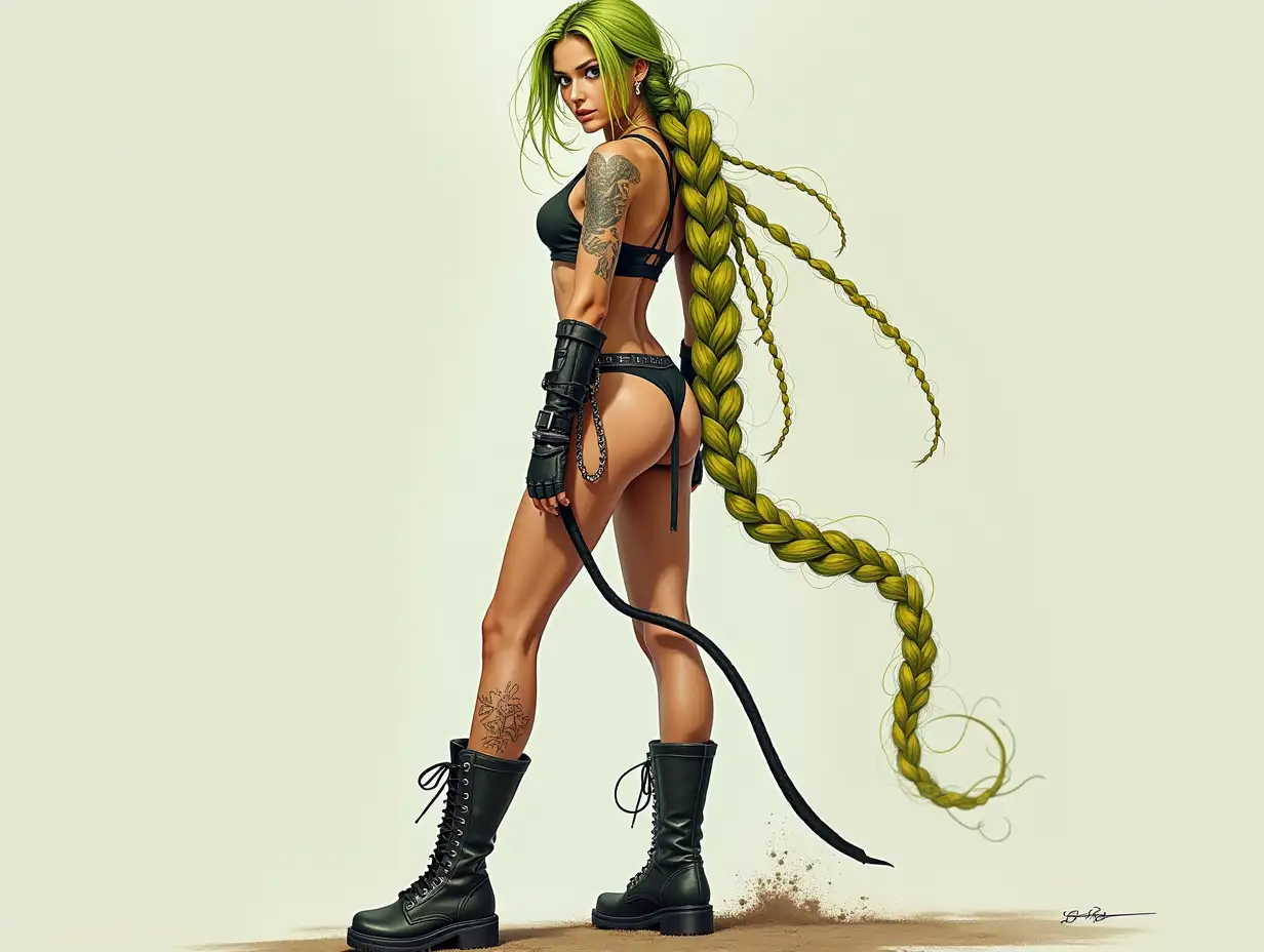 Depiction of a beautiful white woman with -tattoo, long mixed green-yellow braided hair in a futuristic style and laced boots.