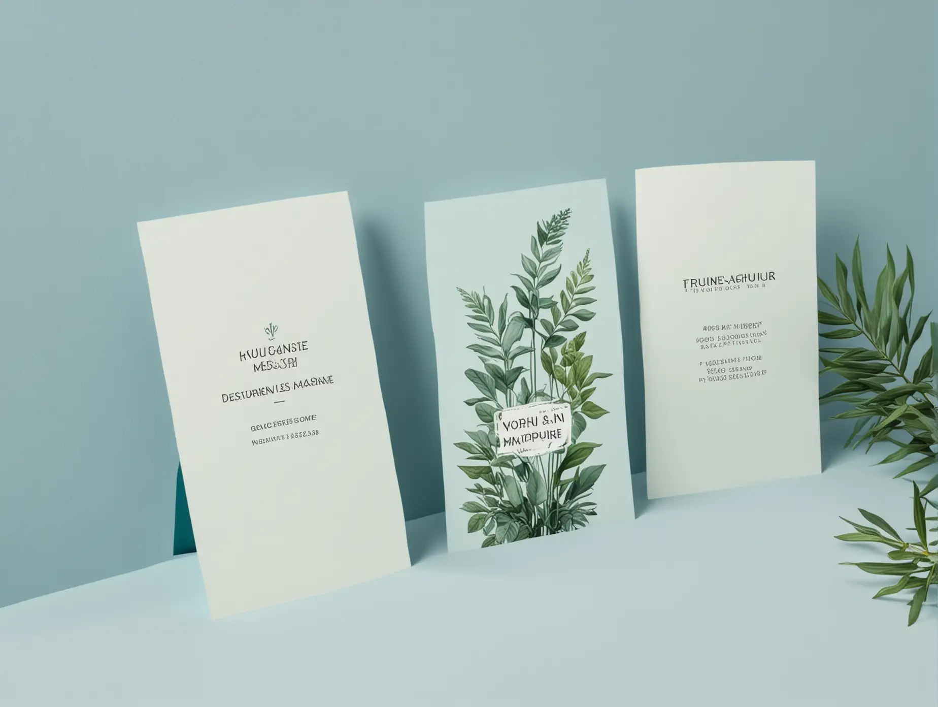 Two Vertical Business Card Mockups with Light Blue Background and Plants